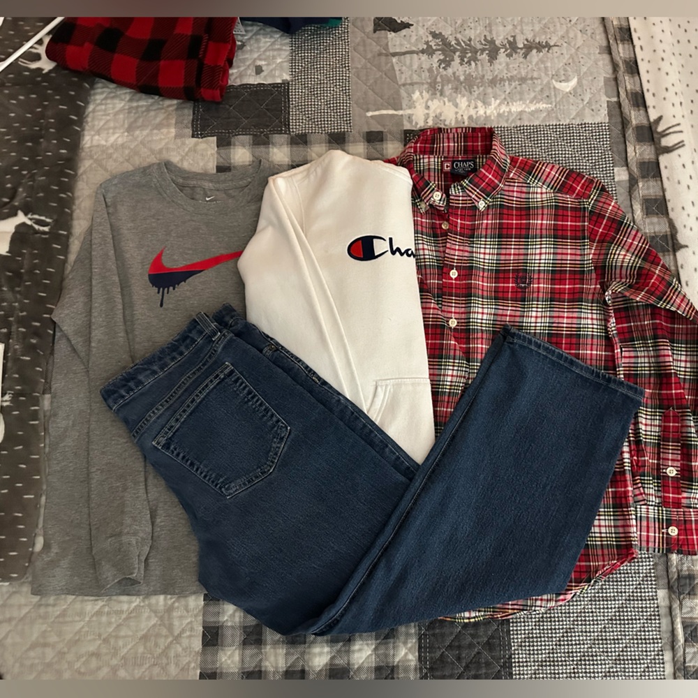 Big boys size 14 husky pants-, 1 hoodie, 1 long sleeve T and 1 button down.